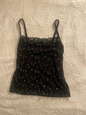 aerie Black Floral Lace-Trim Ribbed Cami